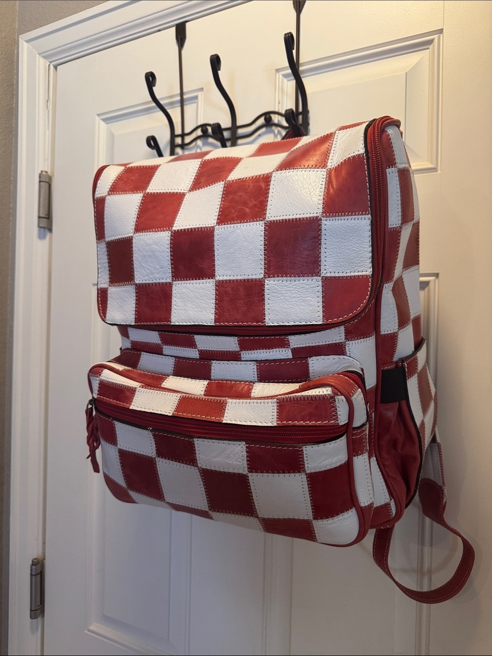 Red & White Large Leather Checkerboard Backpack